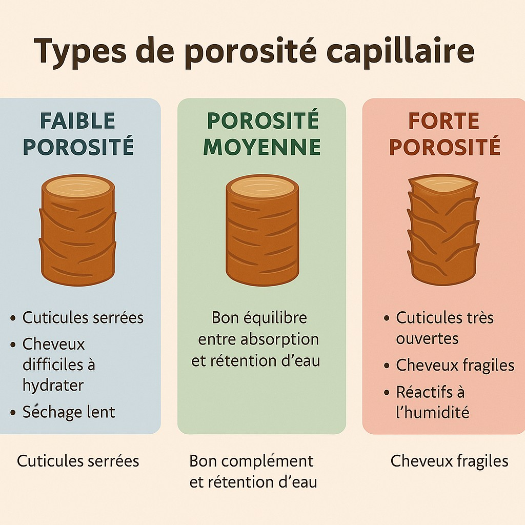 Graphique montrant les trois types de porosité capillaire : faible, moyenne et forte, avec leurs caractéristiques.
