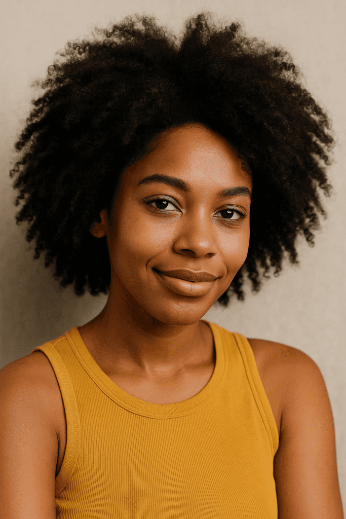 Portrait d’une femme souriante avec des cheveux crépus naturels.