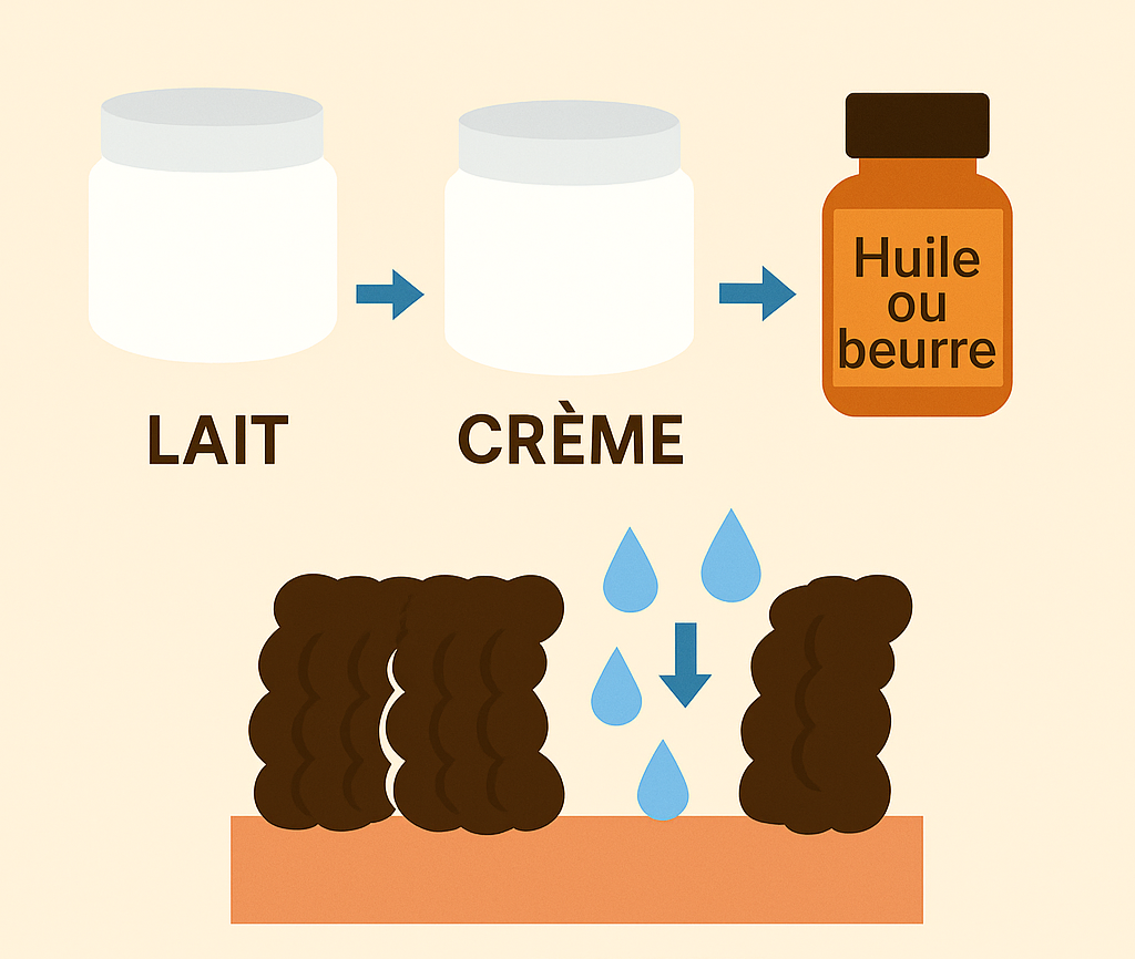 Méthode LCO pour cheveux forte porosité Schéma de la méthode LCO pour cheveux à forte porosité : lait, crème puis huile ou beurre pour sceller l’hydratation