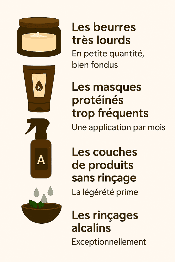 Soins à limiter (cheveux faible porosité) Infographie des soins à limiter : beurres lourds, masques protéinés trop fréquents, couches de produits sans rinçage, rinçages alcalins