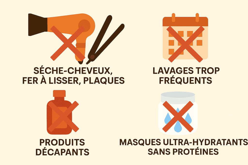Soins à limiter cheveux forte porosité Illustration des soins à limiter pour cheveux à forte porosité : sèche-cheveux, fer à lisser, lavages trop fréquents, produits décapants et masques uniquement hydratants sans protéines