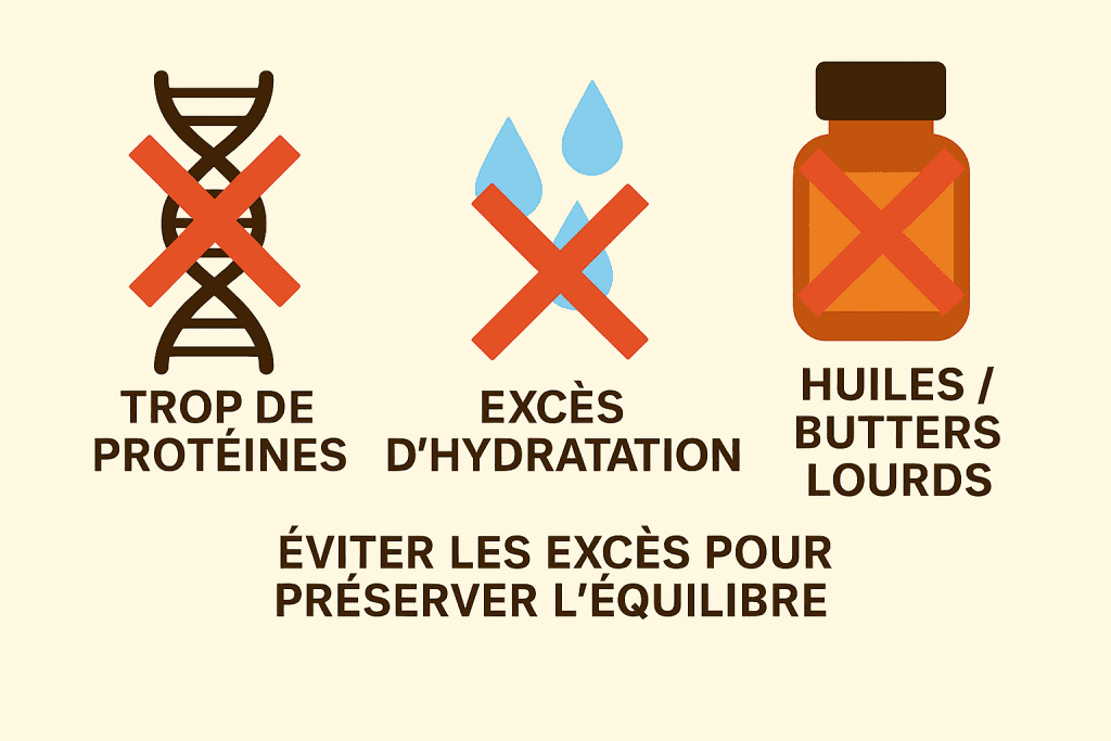 Soins à éviter pour cheveux à porosité moyenne : excès de protéines, hydratation trop forte, huiles lourdes