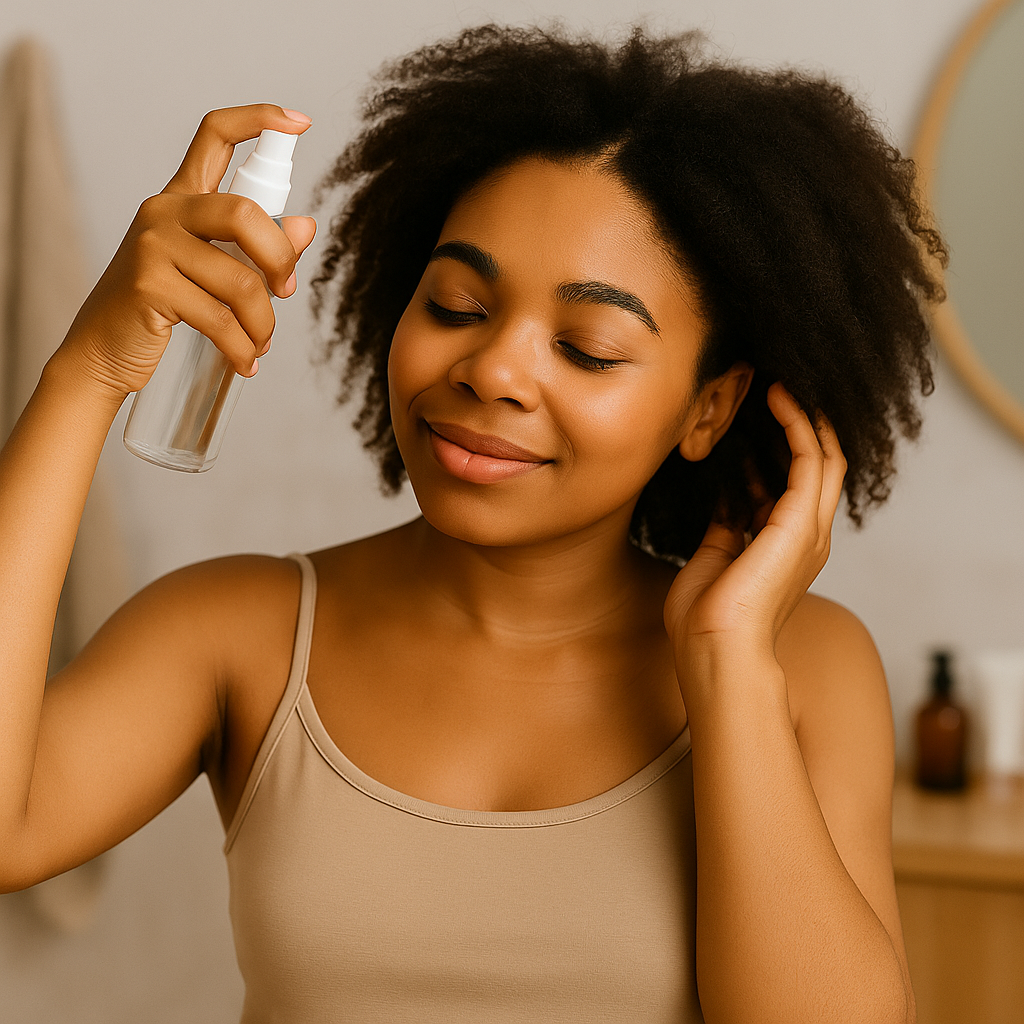 Femme noire en train d’hydrater les cheveux crépus avec un brumisateur