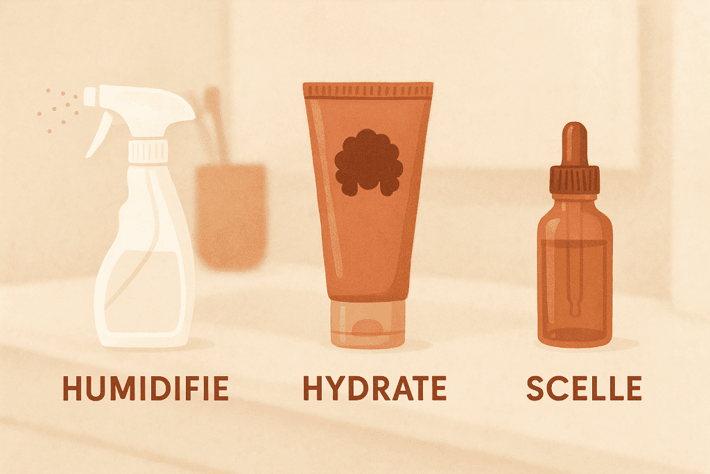 schéma capillaire illustrant les trois étapes de l’hydratation des cheveux crépus : humidifier, hydrater puis sceller