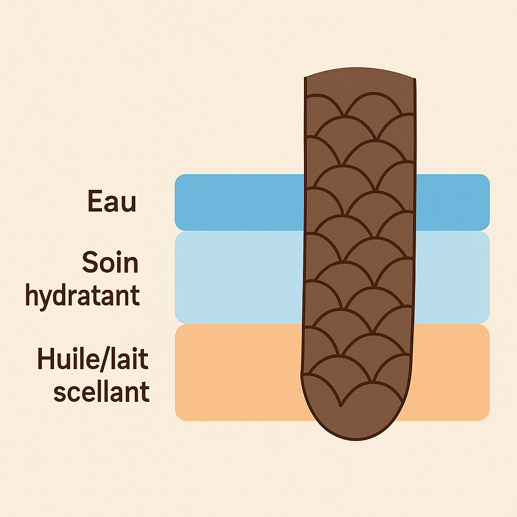 Schéma en trois couches pour hydrater les cheveux crépus : eau, soin hydratant et huile scellante.
