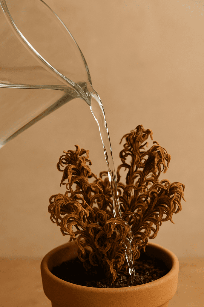 Un verre d’eau versé sur une plante sèche – métaphore de la soif du cheveu