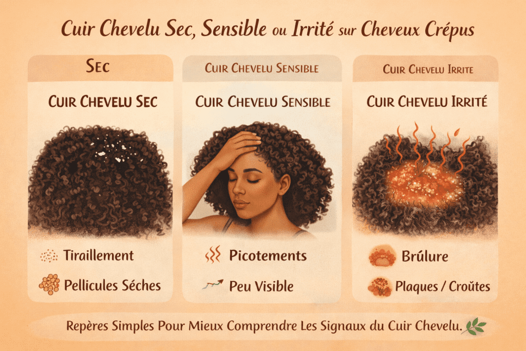 Comparatif visuel entre cuir chevelu sec, cuir chevelu sensible et cuir chevelu irrité sur cheveux crépus avec signes distinctifs