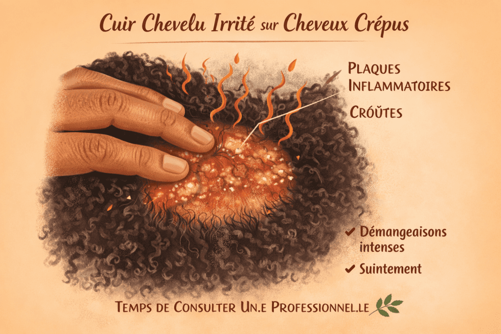 Illustration d’un cuir chevelu irrité sur cheveux crépus avec plaques rouges et croûtes, indiquant une inflammation du cuir chevelu.