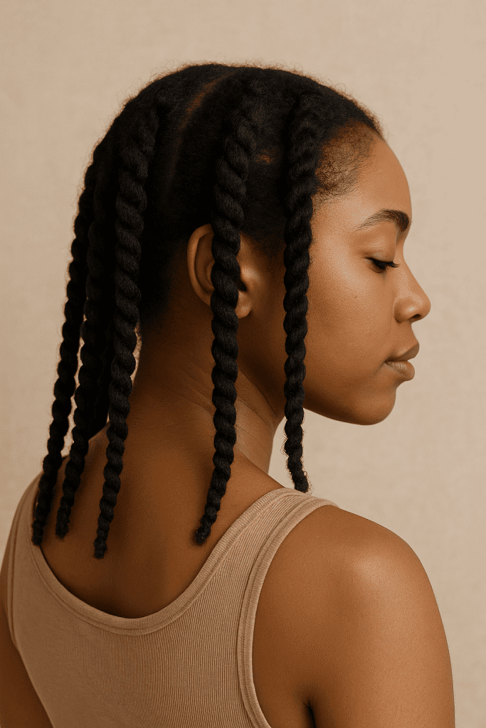 cheveux crépus étirés en vanilles pour limiter les nœuds avant le démêlage