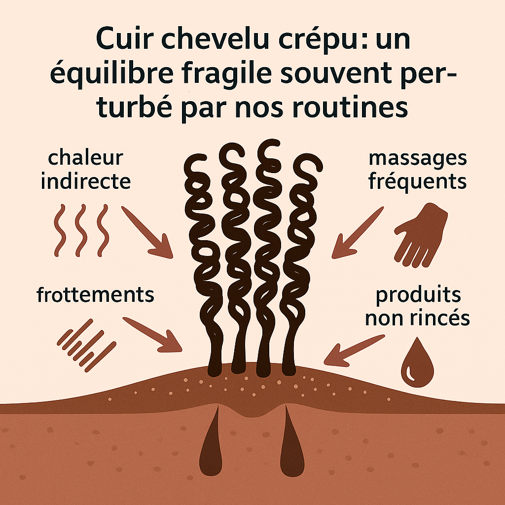 schéma montrant les facteurs pouvant déséquilibrer le cuir chevelu crépu