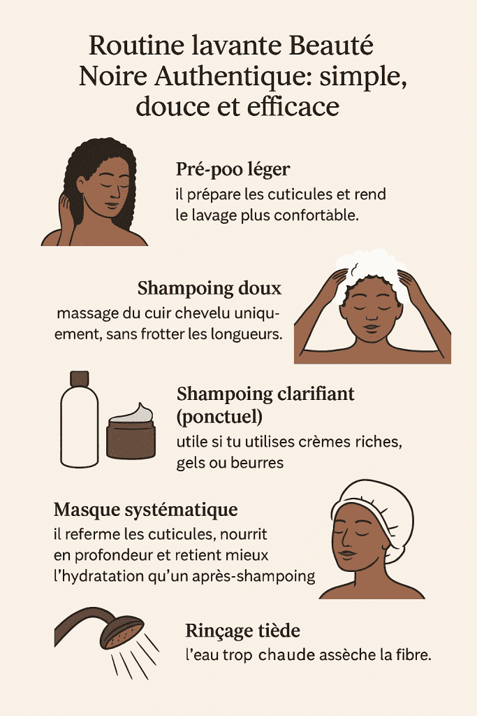 Routine lavante douce pour cheveux crépus avec pré-poo, shampoing naturel cheveux crépus, clarifiant, masque et rinçage tiède.
