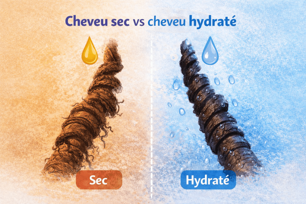 Cheveu sec vs cheveu hydraté montrant l’effet de l’hydratation et nutrition cheveux crépus sur la fibre capillaire.