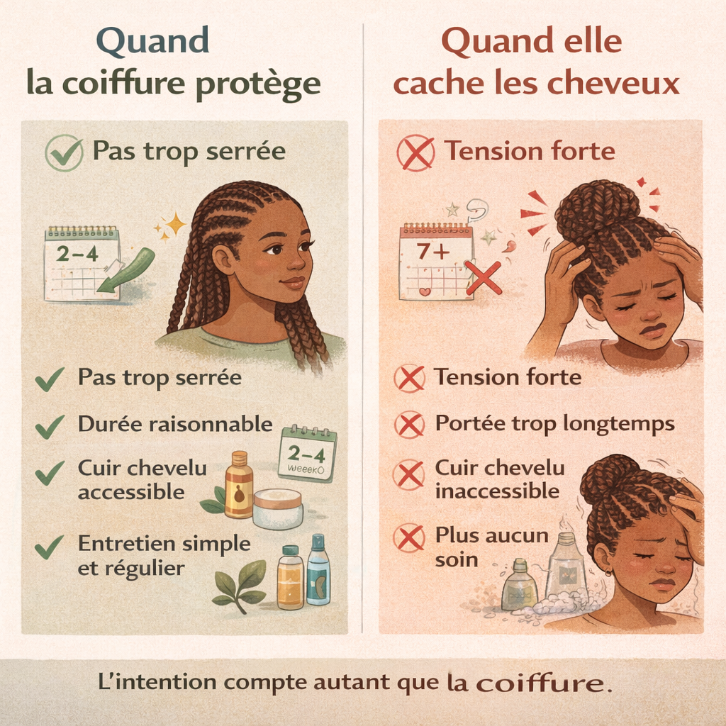 Infographie cheveux crépus — différence entre une coiffure protectrice saine et une coiffure trop serrée ou portée trop longtemps.