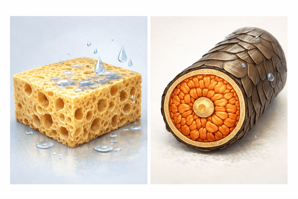 fibre capillaire cheveux crépus comparée à une éponge