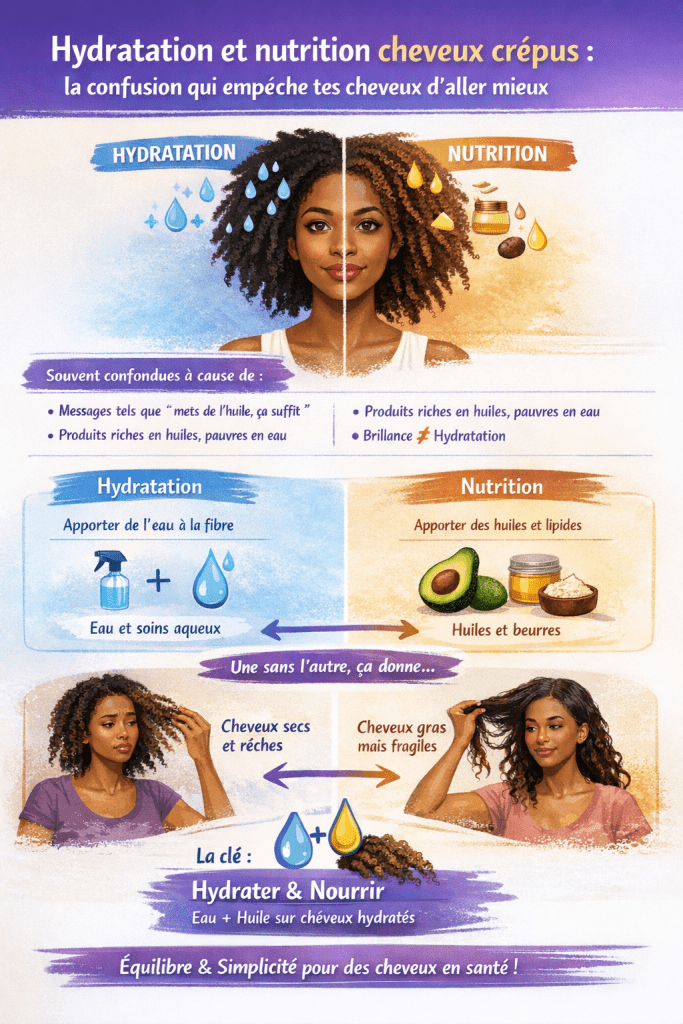 Schéma comparatif hydratation et nutrition cheveux crépus montrant l’eau qui hydrate la fibre et les huiles qui la protègent.