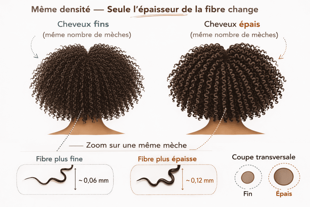Illustration architecture capillaire cheveux crépus montrant une même densité avec différence d’épaisseur de la fibre