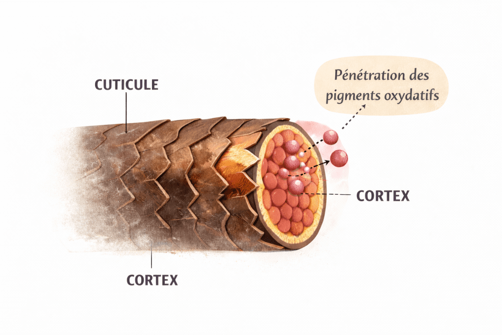 Schéma structure du cheveu crépu montrant la cuticule et le cortex avec pénétration des pigments oxydatifs