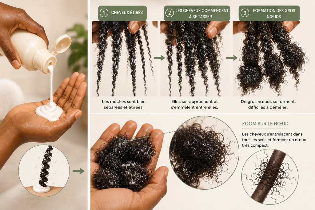 Tassement des cheveux crépus et formation de nœuds pendant le shampoing